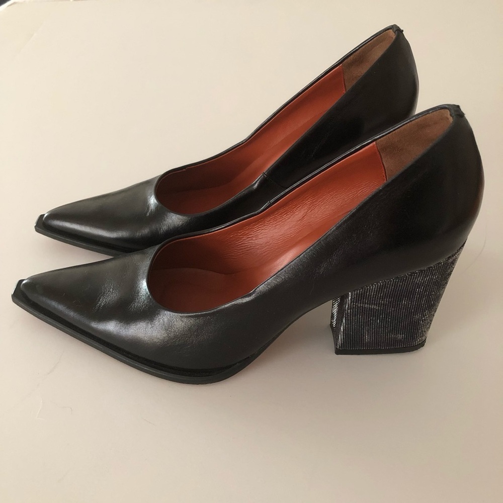 Elizabeth Stuart Leather Shoes, silver block heel